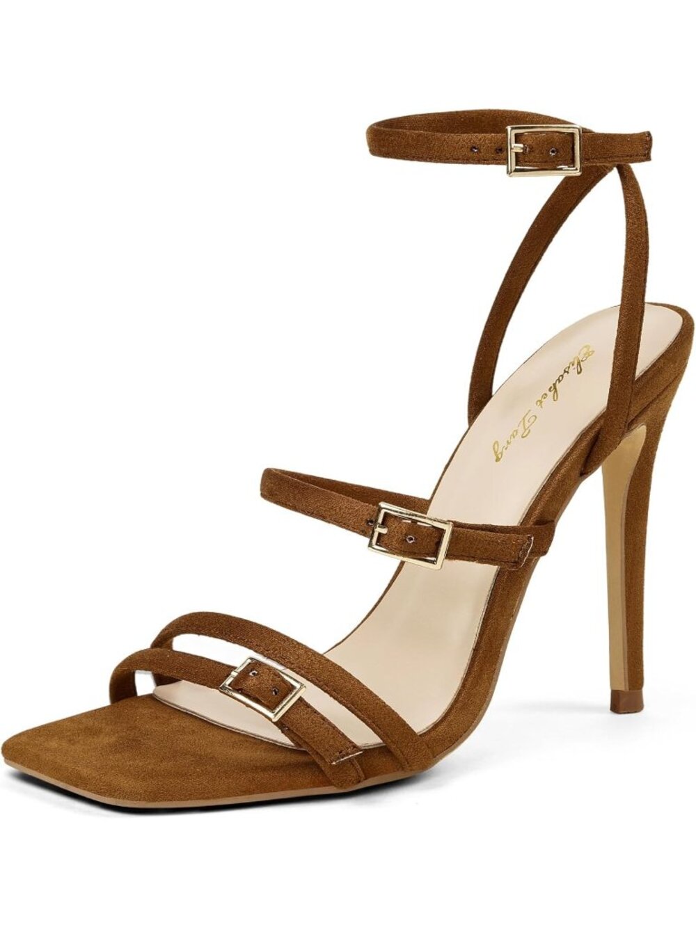 Women's Camel 4 Inches Ankle Strap Stiletto Sandals Square Open Toe High Heels